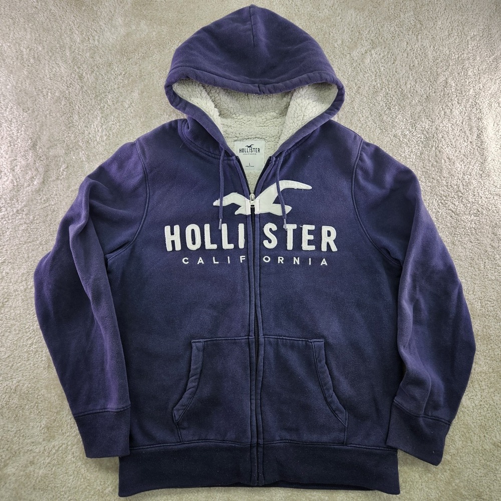 VTG Y2K Hollister Hoodie Mens L Faded Blue Sherpa Lined Faux Fur Full Zip Jacket